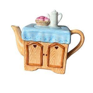 Earthenware hand painted tea pot kitchen cabinet brown and blue